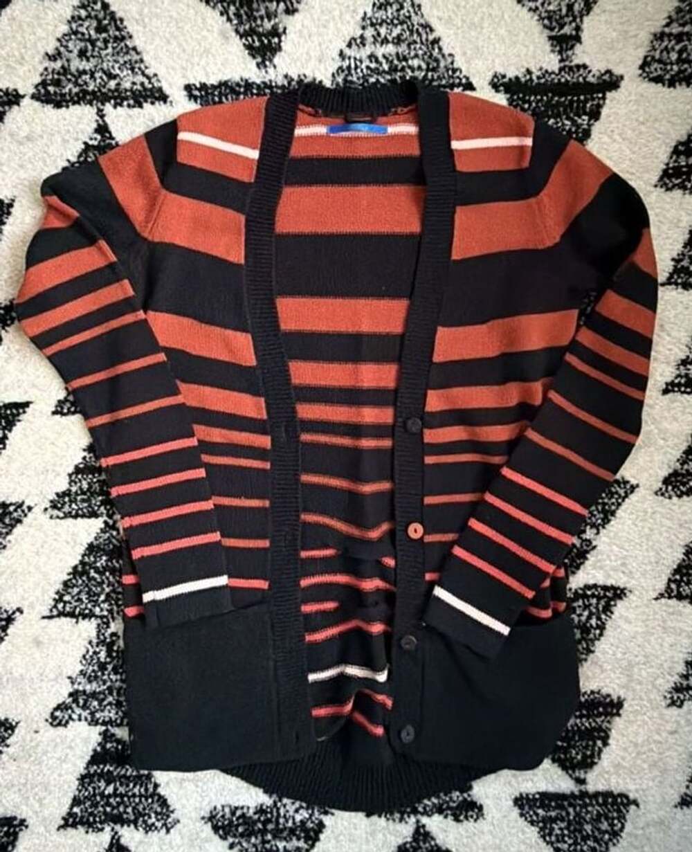 SkunkFunk Striped Knitted Cardigan Sweater Black Orange V-Neck Open Front